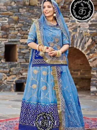 Zari Like Jardosi Humrahi Pure Wedding Sangeet Rajputi Poshak In Blue Shaded Colour