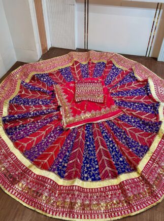 New Launch heavy boutique Rajputi Poshak featuring a 5 meter gher lehanga and designer 7 meter gher lehanga suit in premium quality georgette fabric with royal pure odhani. Designed with vintage style zari and sequence border work, heavy four-side odhani jaal work with fancy turri, and a 1.80 meter heavily embroidered kurti. Perfect for weddings and festive occasions.