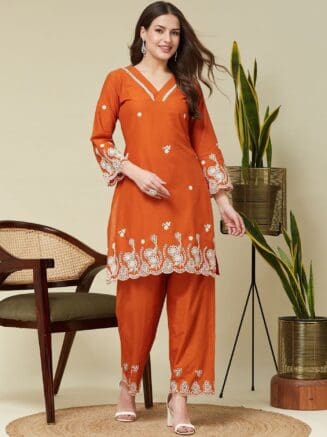 Orange Colour Embroidery Work Suit Set for Women