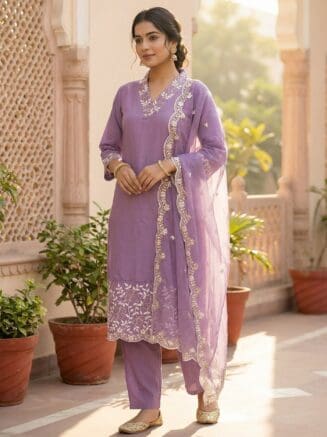 Lavender Embroidery Work Suit Set for Women’s