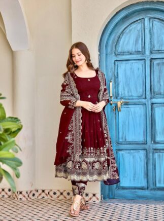 Maroon Embroidered Anarkali Suit Set with Pant & Dupatta