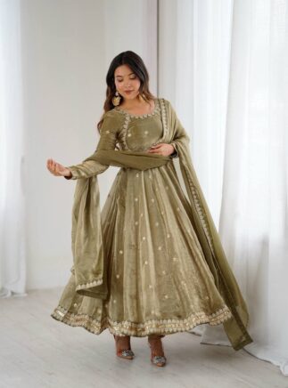 Designer Fandy Silk Gown Set with Pant & Dupatta