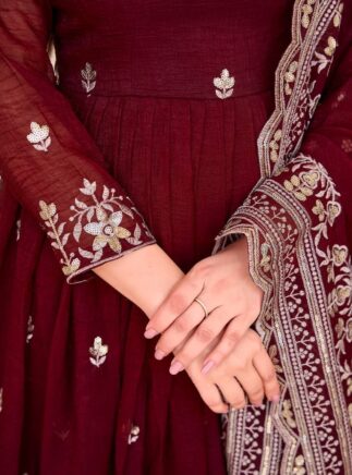 Maroon Embroidered Anarkali Suit Set with Pant & Dupatta