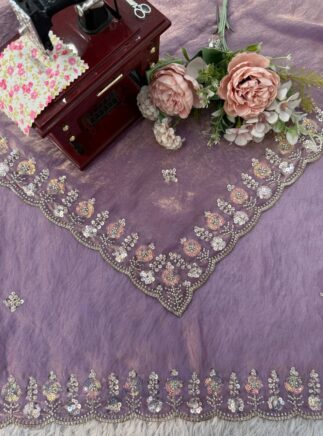 Lavender Fendy Silk Designer Saree with Heavy Beads & Thread Work – Wedding & Festive Wear | RjPoshak