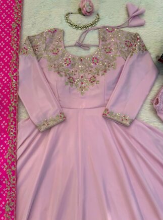 Natural Crepe Silk Gown Pant Set with Printed Dupatta-RjPoshak