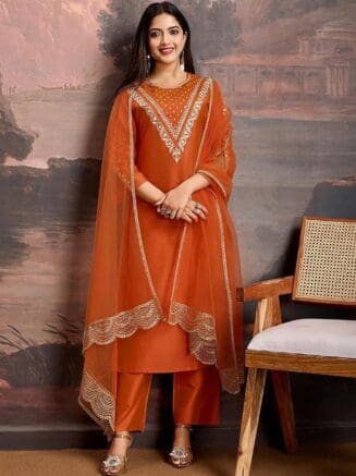Orange Embroidered Kurta Pant Dupatta Set for Women – RjPoshak