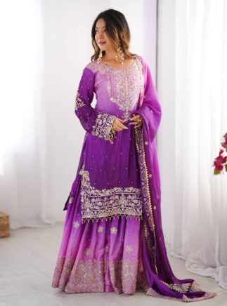 Buy Designer Chinon Silk Anarkali Suit with Plazo & Dupatta | RjPoshak