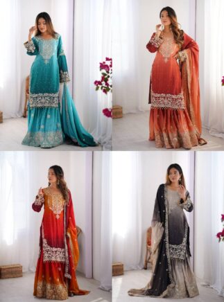 Designer Chinon Silk Sharara Set with Dupatta – Embroidery Work | RjPoshak