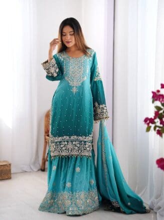 Designer Chinon Silk Sharara Set with Dupatta – Embroidery Work | RjPoshak