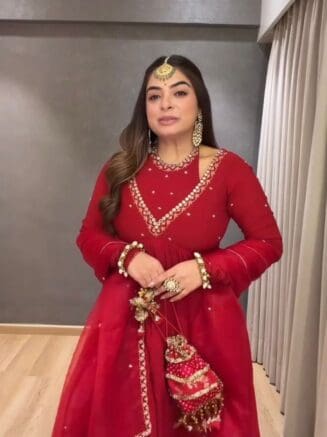 Buy Red Designer Anarkali Suit Set with Plazo & Dupatta – Festive & Party Wear | RjPoshak