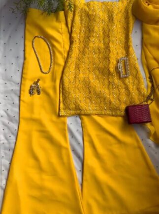 Yellow Designer Georgette Kurta Set with Bootcut Pant & Dupatta – Festive Wear | RjPoshak