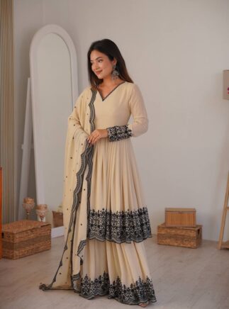Cream Faux Georgette Anarkali Suit Set with Plazo & Dupatta – Festive Wear | RjPoshak