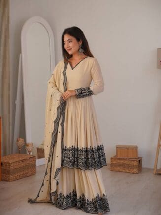 Cream Faux Georgette Anarkali Suit Set with Plazo & Dupatta – Festive Wear | RjPoshak