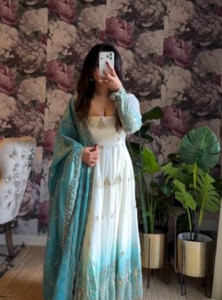 Sky Blue & White Star Georgette Anarkali Suit Set with Dupatta – Festive Wear | RjPoshak