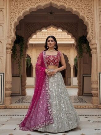 Buy Faux Georgette Embroidered Lehenga Set with Dupatta – Heavy Flared Wedding Wear | RjPoshak