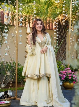 Off-White French Crepe Kurta Palazzo Set with Dupatta – Mirror Embroidered Festive Wear | RjPoshak