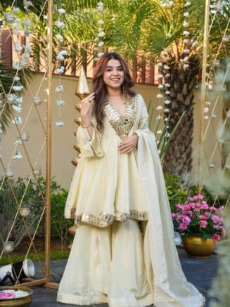 Home 25 Off-White French Crepe Kurta Palazzo Set with Dupatta – Mirror Embroidered Festive Wear | RjPoshak