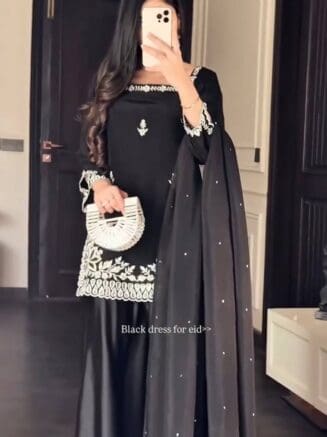 Home 21 Black Natural Crepe Palazzo Set with Dupatta – Elegant Festive Wear for Women RjPoshak
