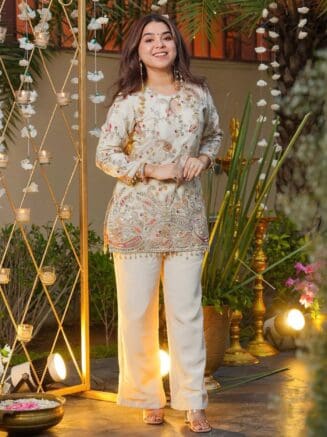 Off-White Pranavi French Crepe Embroidered Co-Ord Set for Women | Premium Ethnic Wear-RjPoshak