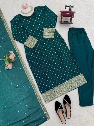 Green Silk Kurta Pant Set with Dupatta for Women-RjPoshak