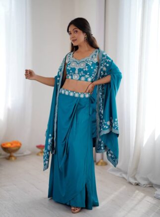 Designer Dhoti Skirt Set with Shrug and Choli | French Crepe Party Wear Outfit-RjPoshak