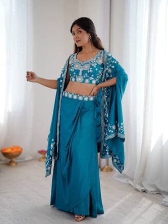 Home 23 Designer Dhoti Skirt Set with Shrug and Choli | French Crepe Party Wear Outfit-RjPoshak