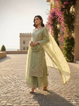 Women’s Designer Silk Suit Set with Plazo & Dupatta – Festive Wear | RjPoshak