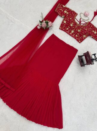Red Designer Lehenga Saree with Blouse & Dupatta – Party & Wedding Wear | RjPoshak