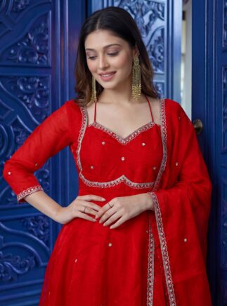 Designer Fandy Silk Gown Set with Dupatta & Bottom – Festive & Party Wear | RjPoshak