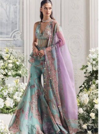 Sky Blue Digital Print Faux Georgette Top Palazzo Set with Dupatta – Party & Festive Wear | RjPoshak