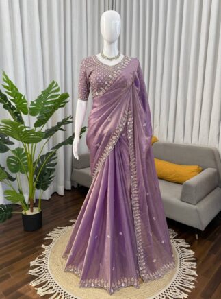 Lavender Fendy Silk Designer Saree with Heavy Beads & Thread Work – Wedding & Festive Wear | RjPoshak