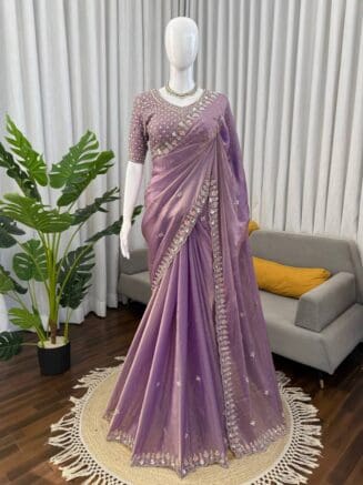 Home 21 Lavender Fendy Silk Designer Saree with Heavy Beads & Thread Work – Wedding & Festive Wear | RjPoshak