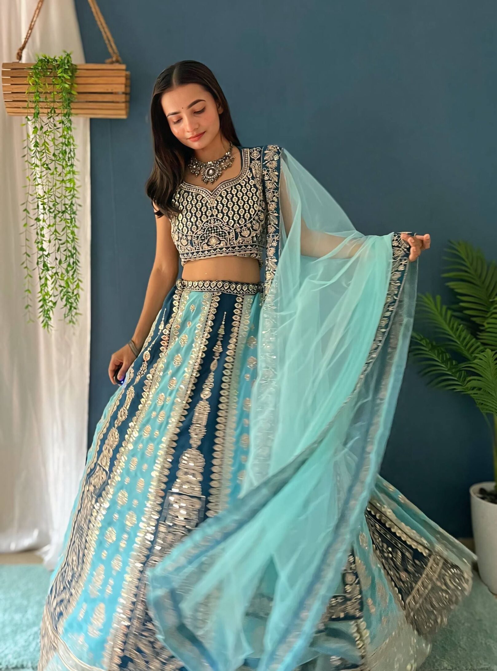 Teal Blue Embroidered Lehenga Choli with Net Dupatta | Wedding & Festive Wear RjPoshak