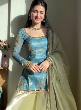 RjPoshak Fendy Silk Kurta Palazzo Set with Real Mirror Work Dupatta