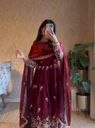 Maroon Fendy Silk Anarkali Suit Set with Dupatta – Festive & Party Wear | RjPoshak
