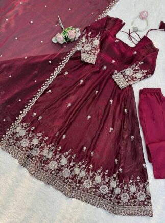 Maroon Fendy Silk Anarkali Suit Set with Dupatta – Festive & Party Wear | RjPoshak