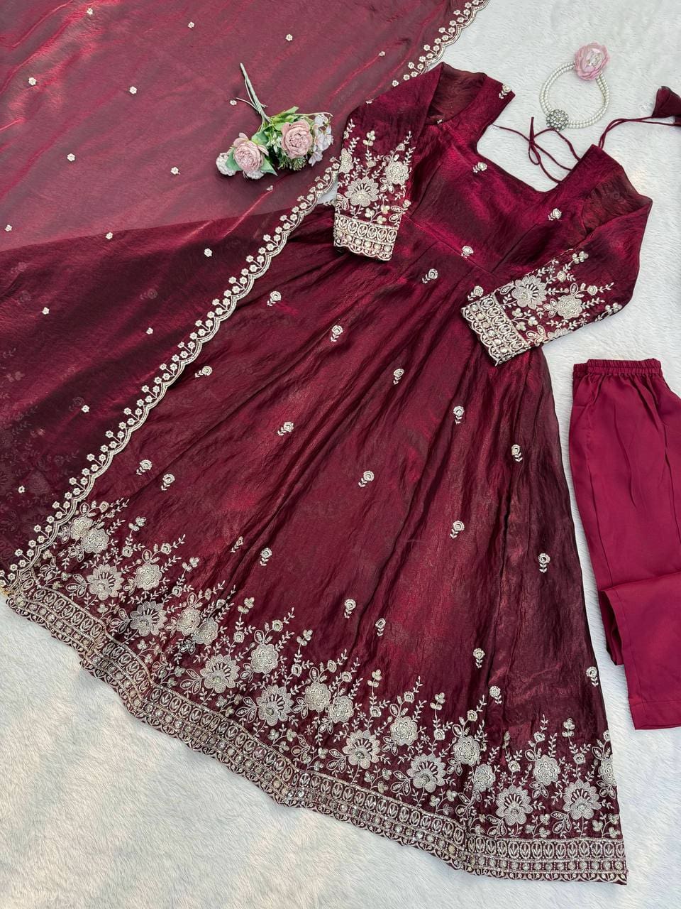 photo_3_2026-02-15_21-10-57 Maroon Fendy Silk Anarkali Suit Set with Dupatta – Festive & Party Wear | RjPoshak