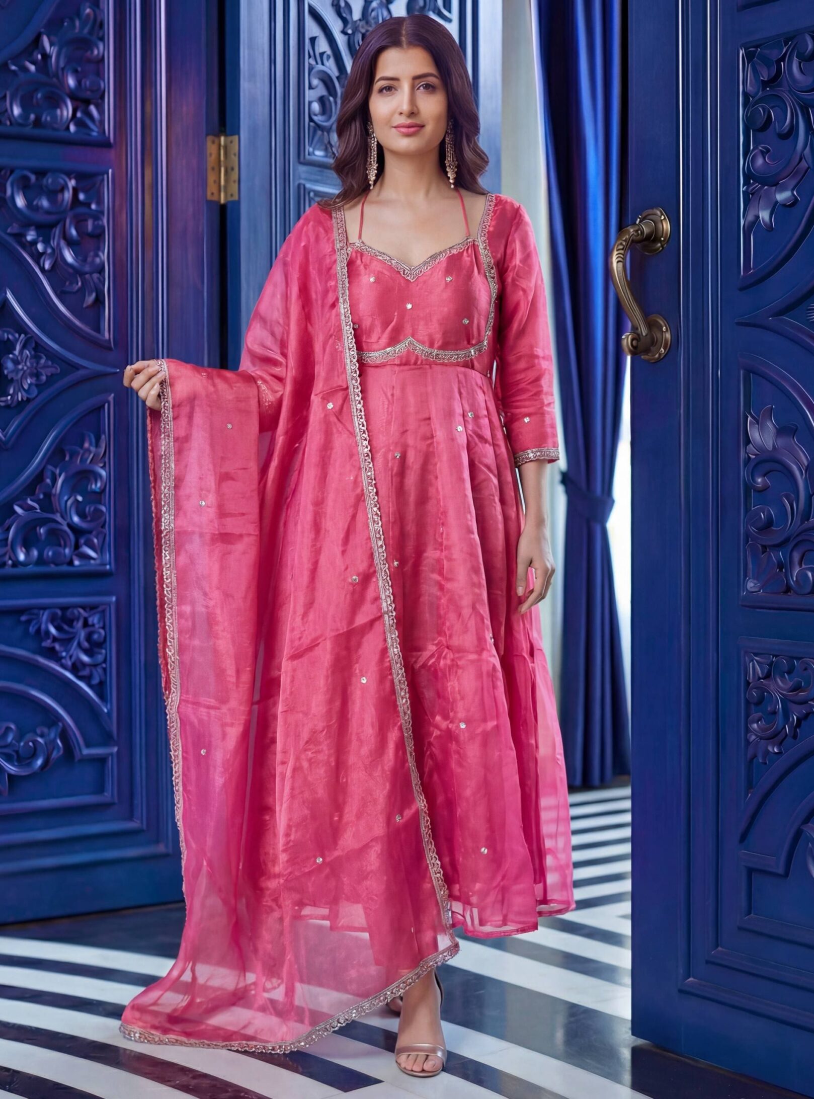 photo_3_2026-02-16_18-27-12 Designer Fandy Silk Gown Set with Dupatta & Bottom – Festive & Party Wear | RjPoshak