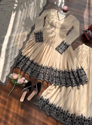 Cream Faux Georgette Anarkali Suit Set with Plazo & Dupatta – Festive Wear | RjPoshak