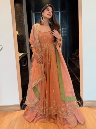 Peach Designer Gown with Lehenga Set for Wedding & Party Wear | RjPoshak