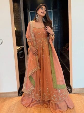 Peach Designer Gown with Lehenga Set for Wedding & Party Wear | RjPoshak
