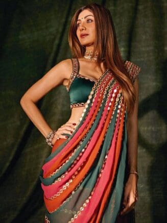 Multicolor Mirror Work Faux Georgette Saree with Blouse | RjPoshak
