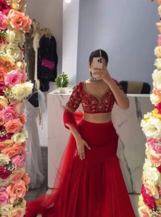 Red Designer Lehenga Saree with Blouse & Dupatta – Party & Wedding Wear | RjPoshak