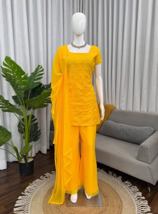 Yellow Designer Georgette Kurta Set with Bootcut Pant & Dupatta – Festive Wear | RjPoshak