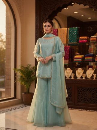 Designer JMC Silk Top Palazzo Set with Dupatta – Embroidered Festive Wear | RjPoshak