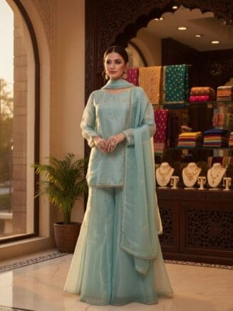 Designer JMC Silk Top Palazzo Set with Dupatta – Embroidered Festive Wear | RjPoshak