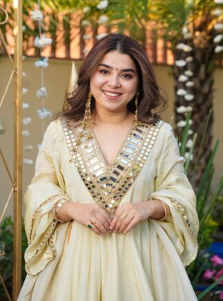 Off-White French Crepe Kurta Palazzo Set with Dupatta – Mirror Embroidered Festive Wear | RjPoshak