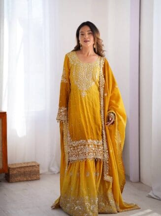 Buy Designer Chinon Silk Anarkali Suit with Plazo & Dupatta | RjPoshak