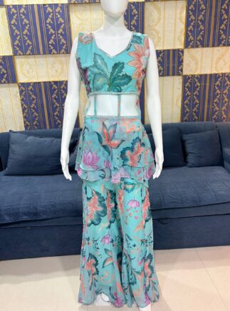 Sky Blue Digital Print Faux Georgette Top Palazzo Set with Dupatta – Party & Festive Wear | RjPoshak