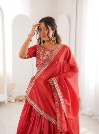 Red Designer Lehenga Choli with Dupatta – Festive & Wedding Wear | RjPoshak